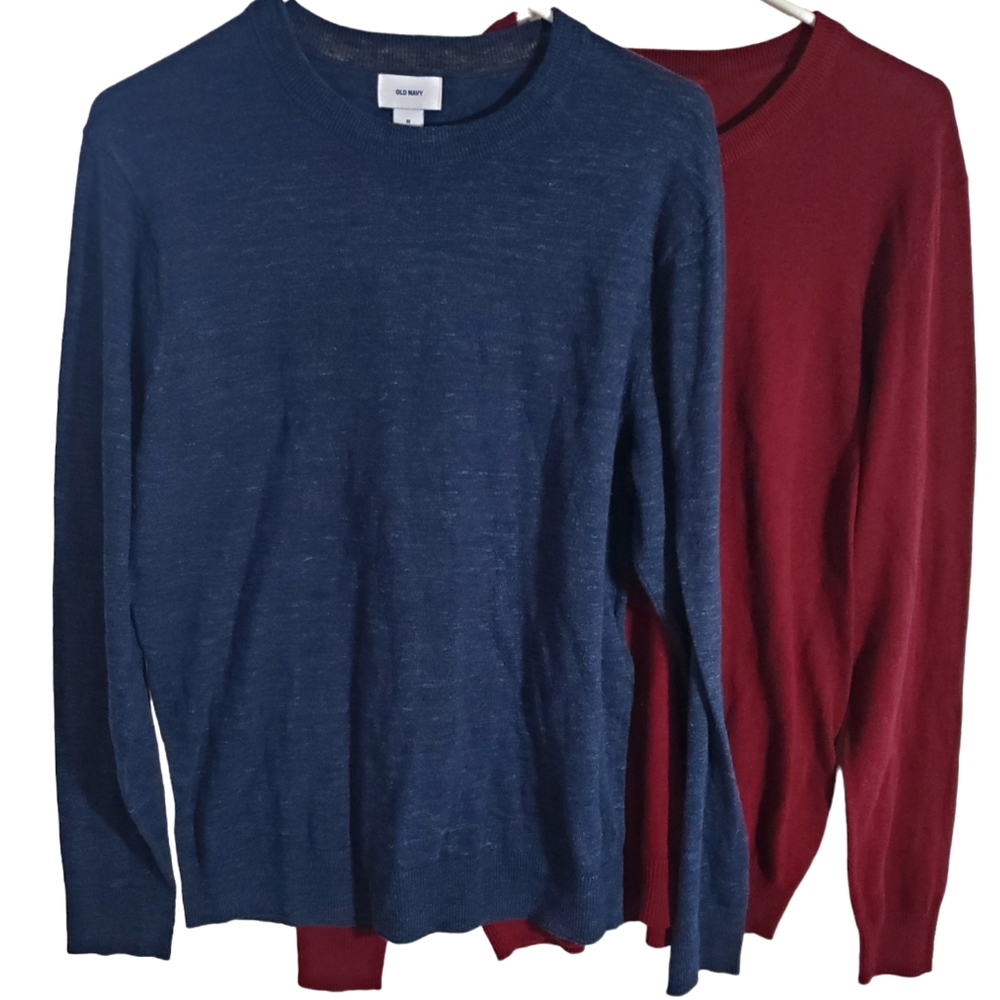 Old Navy Mens Sz M Long Sleeve Pullover Crew Neck Sweater LOT of 2 Blue Burgundy